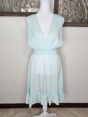 Pale Aqua Lightweight Gauzy V-Neck Sleeveless Mini Dress Cover-up Beachy Casual